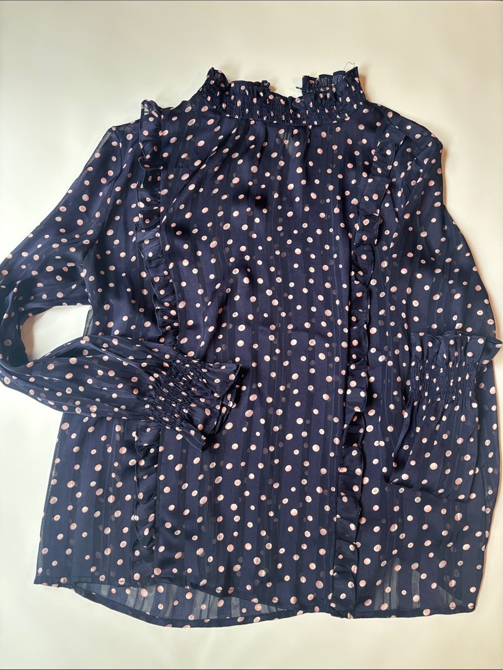 FRNCH Navy Blouse with Pink Polka Dots and Ruffle Trim